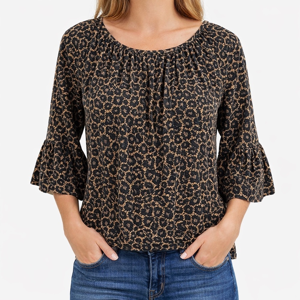 Michael Kors Black Tan Lace Print Peasant Blouse Medium Boho Bell Sleeve